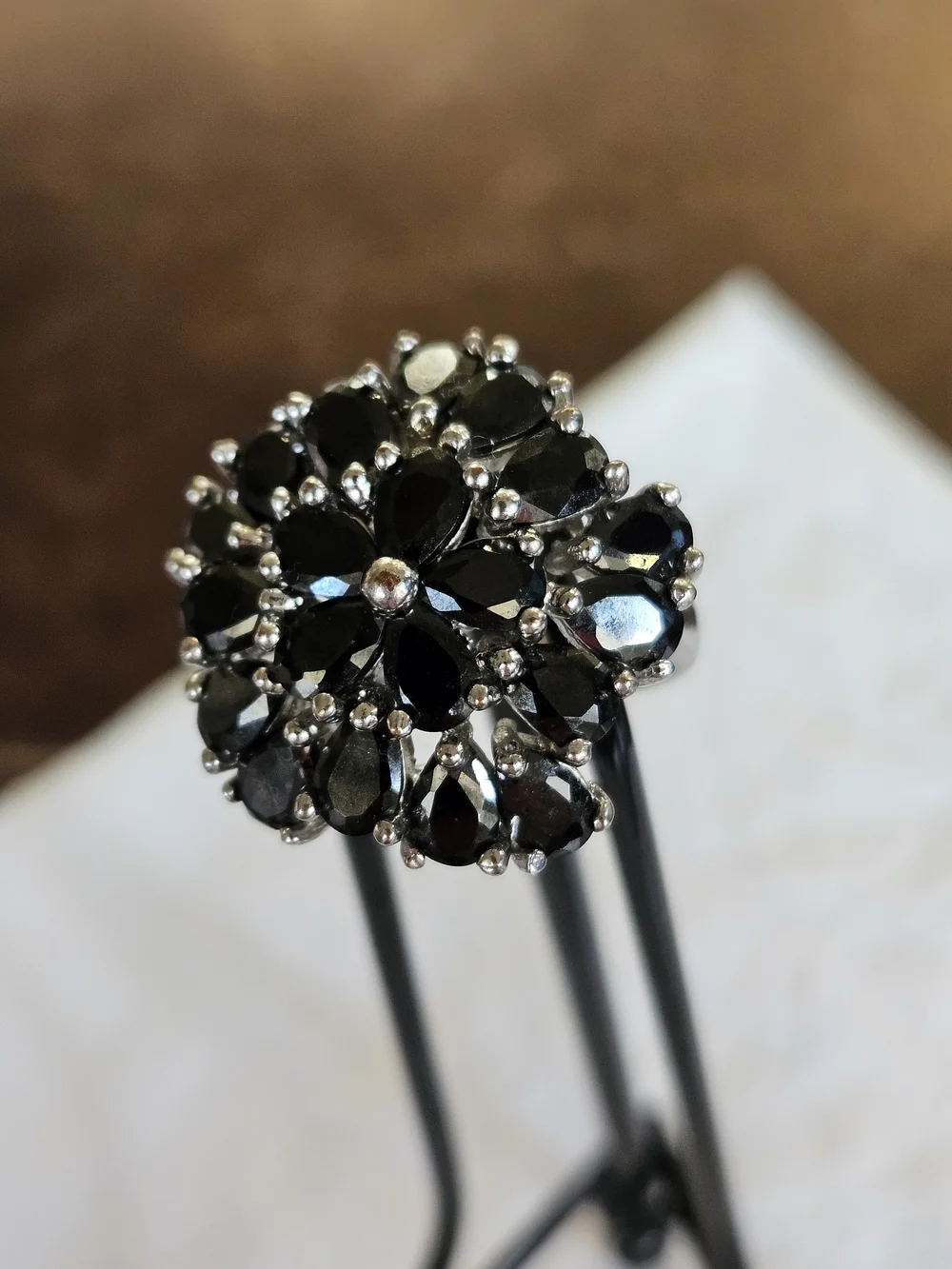Silver Black Crystal Floral Cluster Ring